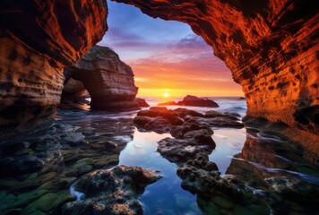 Sunset through a coastal cave.