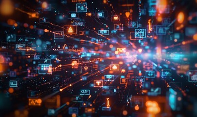 Obraz premium Animated Background with Virtual Social Media Reality Interconnected by Internet Into Worldwide Web. Internet of Things Concept with Videos, Avatars, Profiles Flowing in Online Info, Generative AI