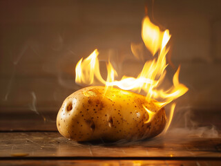 Hot potato - a realistic representation of the popular saying or idiom, flaming potato