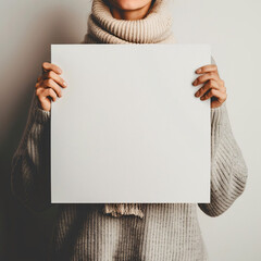 A person holding up a blank white sheet of paper against a neutral background