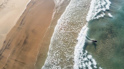 A jet skier glides effortlessly through clear waters near the beach, highlighting the excitement of water sports amidst the peaceful coastal environment.