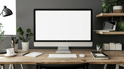 A computer monitor sits on a wooden desk with a keyboard and mouse