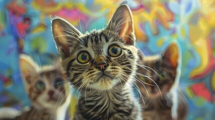 Fototapeta premium Celebrating unique cat breeds with fun facts, realistic, bright colors, digital art, background of a lively pet care center, entertaining and educational