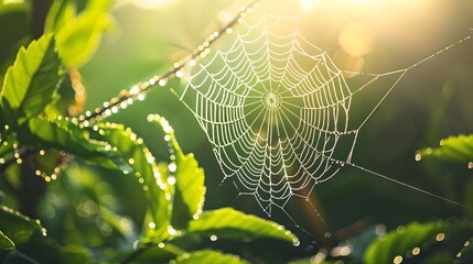 Dew-Covered Spiderweb at Sunrise