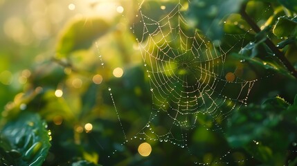 Dew-Covered Spiderweb at Sunrise