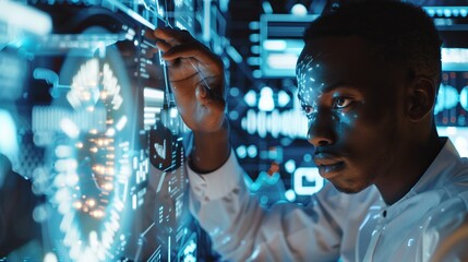 A man interacts with a digital interface on a high-tech screen, visually engaging with advanced technological elements for data manipulation and analysis.