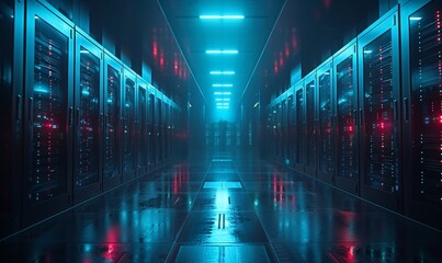 Modern Data Technology Center Server Racks in Dark Room with VFX. Visualization Concept of Internet of Things, Data Flow, Digitalization of Internet Traffic. Complex Electric Equipment, Generative AI