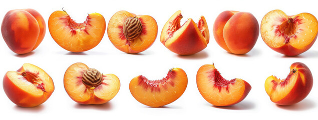 Fototapeta premium Peach peaches Nectarine Nectarines fruit, many angles and view side top front heap pile bunch isolated on transparent background cutout, PNG file. Mockup template for artwork graphic design