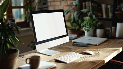Fototapeta premium A computer monitor sits on a wooden desk with a keyboard and mouse