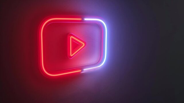 play button icon 3d rendering logo symbol, lighting red neon light, dark frame motion design video making editing on dark background rendered streaming watching videos