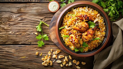 Top view of Chicken Biryani on Basmati Rice Wooden Background