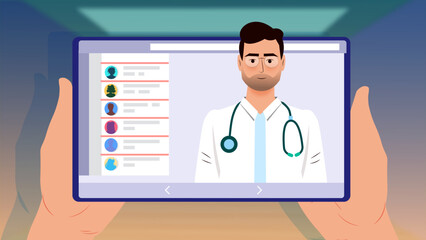 Vector illustration of a male doctor displayed on a digital tablet screen, representing telemedicine and modern healthcare access.

