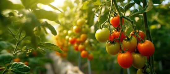 Ripe Tomatoes Hanging on a Vine in a Greenhouse