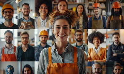 Multiple Screen Edit. Diverse Group of Professional People Smiling. Business People, Entrepreneur, Worker, Engineers, Female Astronaut, Artist, Chef, CEO, IT Specialist. Generative AI