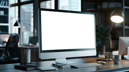 A computer monitor sits on a desk in a room with a lamp and a potted plant