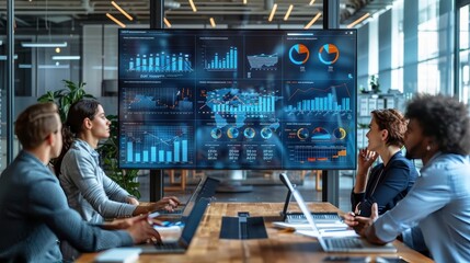 Office Conference Room Meeting. Digital Enterpreneur Presents e-Commerce Investment Strategy for Group of Investors. Wall TV Showing Big Data Analysis, Infographics, Stock Market Info, Generative AI