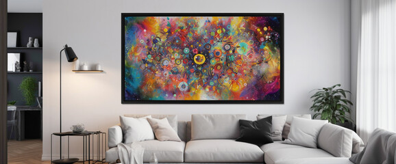Step into a room adorned with a vibrant illustration within a blank white frame, surrounded by a whimsical wonderland of color splashes. 