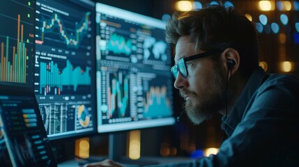 Close Up on Computer Monitors of Male Financial Data Analyst Using Laptop And Studying Information And Graphs On Big Digital Screen In Monitoring Office. Man Working For Big Consulting, Generative AI