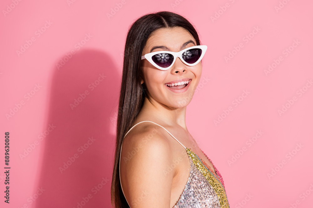 Sticker photo of excited positive girl wear tank top dark glasses empty space isolated pink color background