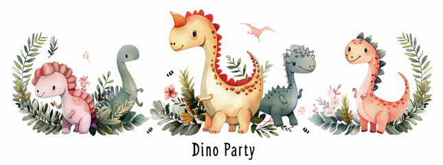 Obraz premium Watercolor cute cartoon dino. Dinosaurs Set Isolated on a White Background Illustration, Baby shower invitation kids birthday jurassic party. tyrannosaurus