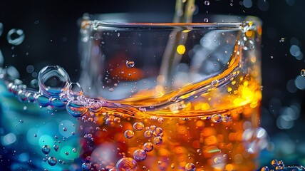 A close-up shot of a chemical reaction taking place in a flask, with vivid colors and bubbles forming