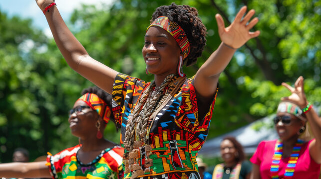A woman in a colorful outfit is dancing with her hands raised in the air