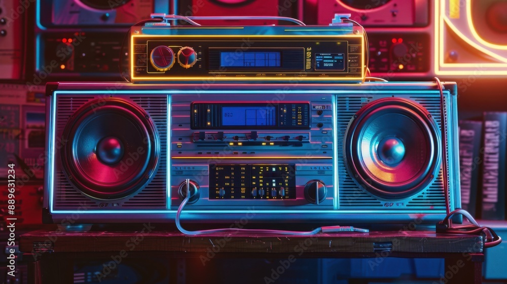 Poster a retro-style boombox with large, glowing speakers and an audio cassette player on the front panel. 
