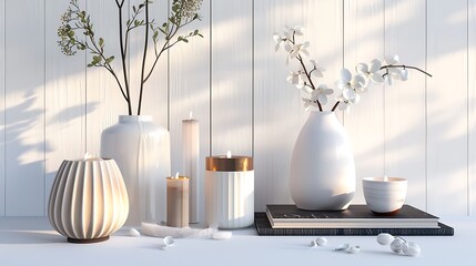 Contemporary home decor items including vases, candles, and books on a stylish white background. 32k, full ultra HD, high resolution