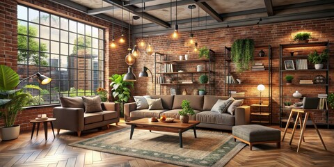 Industrial Loft Living Room with Brick Walls, Large Windows, and Natural Light, interior design, industrial style, home decor, living room furniture