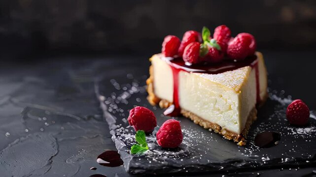 A slice of New York-style cheesecake with raspberry topping.