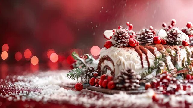 A festive yule log cake decorated with berries, pinecones, and powdered sugar on a red background.