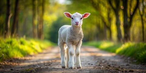 Obraz premium Lamb on a Path, Close-up, Soft Focus, Forest, Animal, lamb, nature