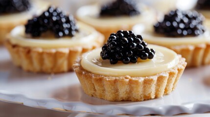 Close-up of exquisite tartlets topped with black caviar and creamy filling,