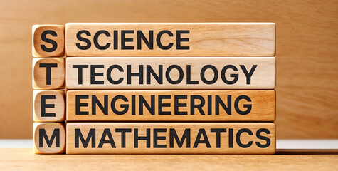 3d render illustration of concept wooden design for word text STEM acronym abbreviation of Science, Technology, Engineering and mathematics.