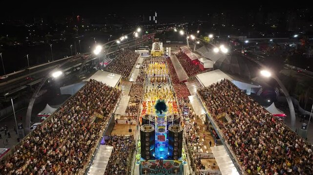 Samba Ride At Sao Paulo Brazil. Famous Carnival Sambadrome Landscape Viewed From Above. Night Highway Road Downtown Cityscape. Night Exterior Panorama. Sao Paulo Brazil.
