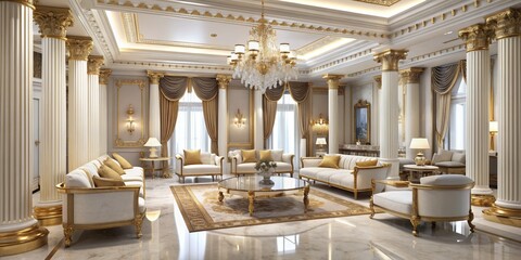 Luxury Living Room with Golden Accents and Columns, interior design, home decor, luxurious living, opulent space