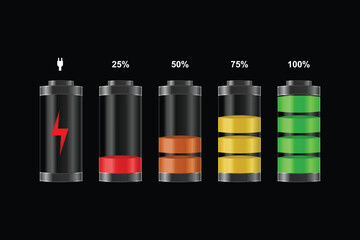 Set of realistic battery charge indicators with low and high energy levels isolated on transparent background. Full charged and discharged accumulators with colorful glow. Vector illustration