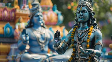 A statue of a man with a yellow garland around his neck
