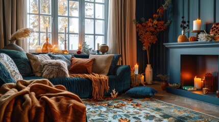 Cozy living room with autumn decorations, lit candles, and warm sunlight streaming through large windows.