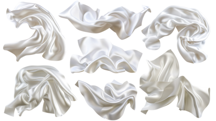 Collection set of white silk satin cloth fabric floating flying in the air on withe background cutout