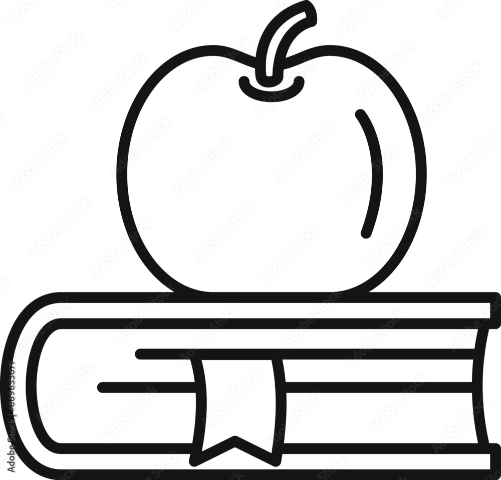 Poster line art icon of an apple resting on top of a closed book with a bookmark, representing the concept 