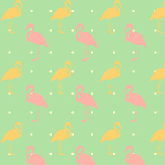 Summer seamless pattern with pink and orange silhouettes of flamingos and yellow dots on green background for wallpapers, packaging, wrapping, notebooks, fabrics