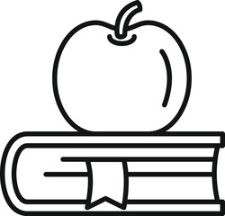 Line art icon of an apple resting on top of a closed book with a bookmark, representing the concept of education