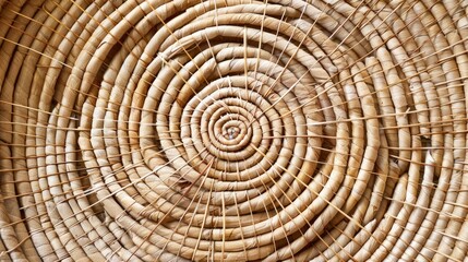 Naklejka premium Vintage white background wicker basket with spiral weave thick round cane material and Southwestern Native American design