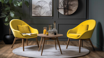 Seek solace and comfort in a sunny Scandinavian sanctuary with two chrs, a central table, and an empty canvas agnst a backdrop of warm yellow. 