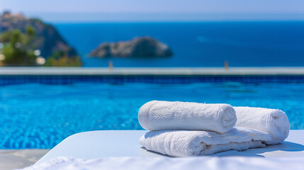 Close up of white towels next to a swimming pool with blue water and sea view, vacation concept