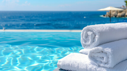 Obraz premium Close up of white towels next to a swimming pool with blue water and sea view, vacation concept