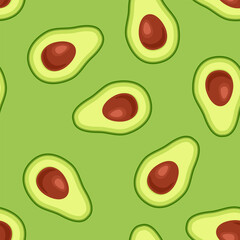 Avocado on green background. Vector cartoon flat illustration. Food seamless pattern