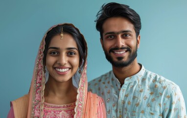 An Indian couple in traditional attire, smiling against a blue background. The woman in a pink sari with a headscarf, the man in a blue shirt