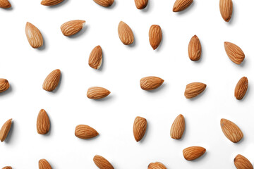 Top view of almonds on a white background.